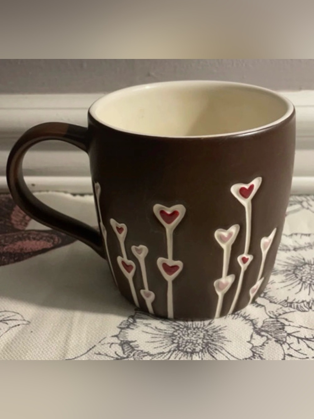 Starbucks Brown Mug with White Stem and Red Heart Accents